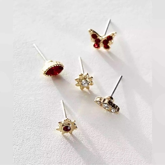 NWT Free People Rosette Stud Pack black Velvet pin, Gold and Red Earring Set - Picture 5 of 5